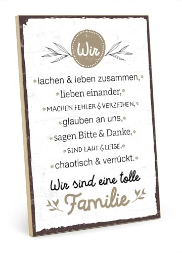 TypeStoff Holzschild mit Spruch – WIR LACHEN & LEBEN ZUSAMMEN – im Vintage-Look mit Zitat als Geschenk und Dekoration - HS-00508