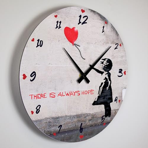 Giallobus - Linienuhr Basic - Banksy - Rotes Ballonmädchen - MDF-Holz - Basic 30x30 - Leiser Mechanismus – fertig zum Aufhängen – Moderne