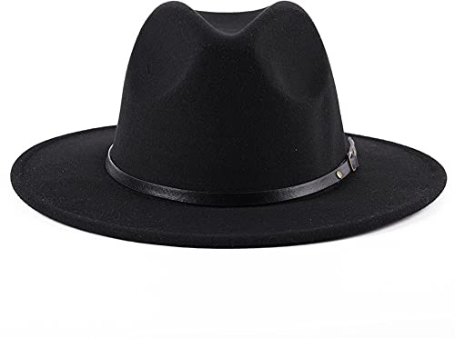Damen Fedora-Hut mit Gürtelschnalle, klassischer Filzhut mit breiter Krempe, Panamahut für Unisex, 56–58 cm, Schwarz