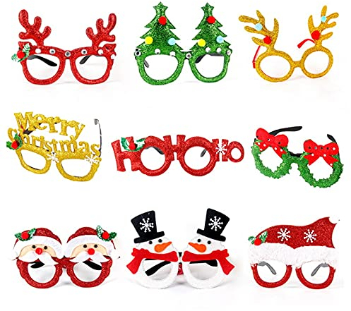 Cosswe Weihnachtsbrille,9 Stück Weihnachten Brillen Neuheit Weihnachtsglitter Brillengestell Weihnachtsbaum Rentier Spaßbrille Geweih Glitzernde Partybrillen für Kinder Erwachsene Weihnachtsfeier