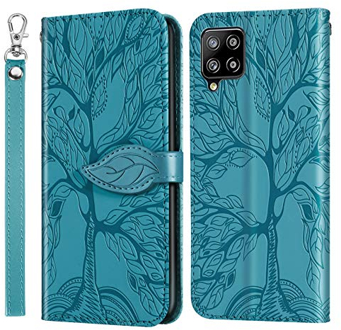 Succtopy Hülle für Samsung Galaxy A12 /M12, PU Leder Folio Flip Handy Schutzhülle Galaxy A12 Klappbar Blatt Magnetisch Cover Case mit Brieftasche Handyhülle Klapphülle Samsung M12,Baum Blau