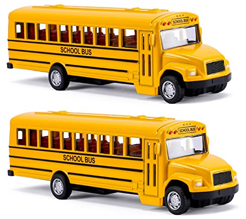 DUNRIOG TOYS 2 Pack 5.5'' Pull Back School Bus, Die-cast Metal Toy Vehicles with Bright Yellow for Kids Boys Girls