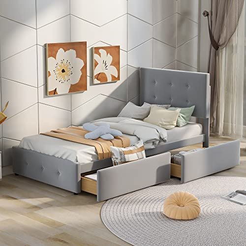 Moimhear Polsterbett 90 x 200 cm Bett mit Lattenrost, Rückenlehne und Zwei Schubladen, Hautfreundlicher Flanellstoff beige flaches Einzelbett Kinderbett Jugendbett Gästebett (Grau)