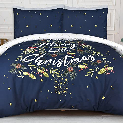 Sleepdown Merry Christmas Holly Tree Wende-Bettwäsche-Set mit Kissenbezug, weiche, Pflegeleichte Bettwäsche, Einzelbett, 135 cm x 200 cm, Marineblau