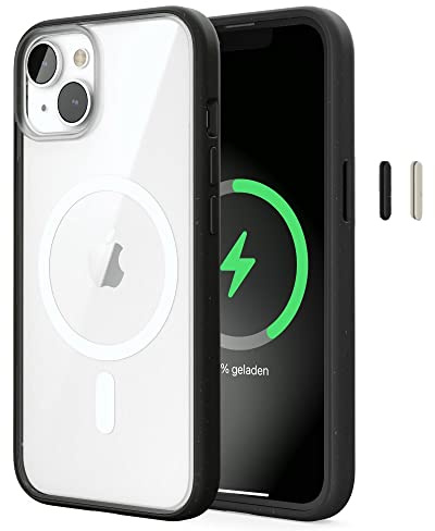 Woodcessories - Magnetische Handyhülle transparent kompatibel mit iPhone 14 Plus Hülle durchsichtig mit Magnet, schwarz & weiß, Nachhaltig aus Pflanzen