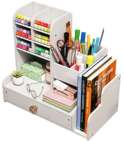 Verbesserter Schreibtisch-Organizer mit Schublade, weißer Stiftehalter, Schreibtisch-Organizer für Zuhause, Büro und Schule