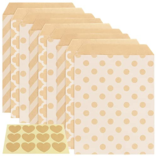 PINGEUI 150 Stück 18x13cm Candy Bar Tüten Braun, 3 Designs Candy Papiertüten mit Aufkleber, Süßigkeiten Tüten Kraftpapier Candy Geschenktüten für Hochzeit Geburtstag Weihnachten Party