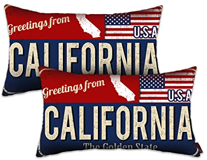 Doraloko California Dekokissenbezug, 30,5 x 50,8 cm, 2 Stück, Kalifornien-Dekor, Geschenk, Souvenir, amerikanische Flagge, Nummernschild, Lendenkissenbezug, Grüße aus dem goldenen Staat (CA, USA) –