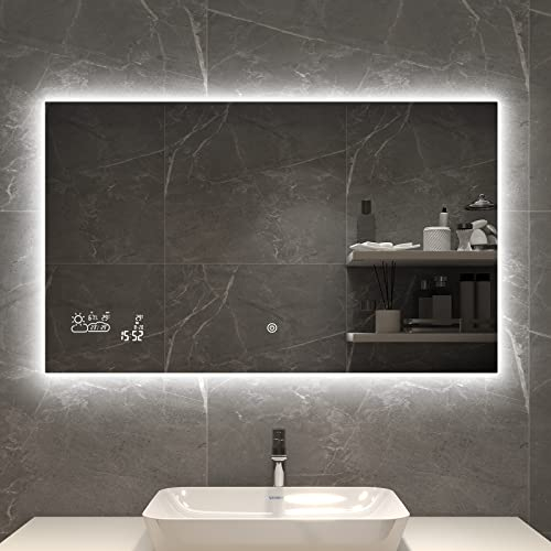 byecold LED Badspiegel Antibeschlag 100x60CM, Beschlagfreier Badezimmerspiegel mit Touchschalter, Wandspiegel Lichtspiegel mit Datum, Smart Mirror & integrierter Wetterstation, Horizontal