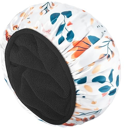 Aquior Shower Cap,Extra Large Triple Layer Bathing Cap with Dry Hair Function for Women Microfiber Terry Cloth Silky Satin 100% Waterproof Reusable Long Hair Bath Caps(Orange flower)