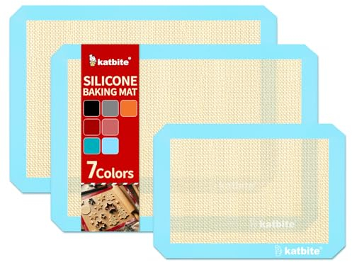 Katbite Silikon-Backmatte, bunte Kollektion, 3er-Set, 2 halbe Blätter (29,8 x 41,6 cm) + 1 Viertel-Backblech, wiederverwendbare und antihaftbeschichtete Backformen für Kekse, Macarons, Brot (hellblau)