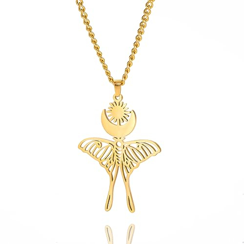 VASSAGO Halskette mit Anhänger für Motten und Schmetterlinge, Sonne, Mond, Motte, Schmetterling, Luna, Motte, Phase Anhänger, astronomischer Insektenschmuck für Damen und Herren, Edelstahl