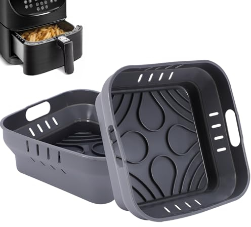 YINGRACE Folding 22CM Square Silicone Air Fryer Liners Compatible for Cosori 5.5L, Uten 5.5L, Tefal XXL 6.5L EY801827, Ninja 6.2L, 2PCS Reusable Air Fryers Accessories, BPA-Free, Dishwasher Safe