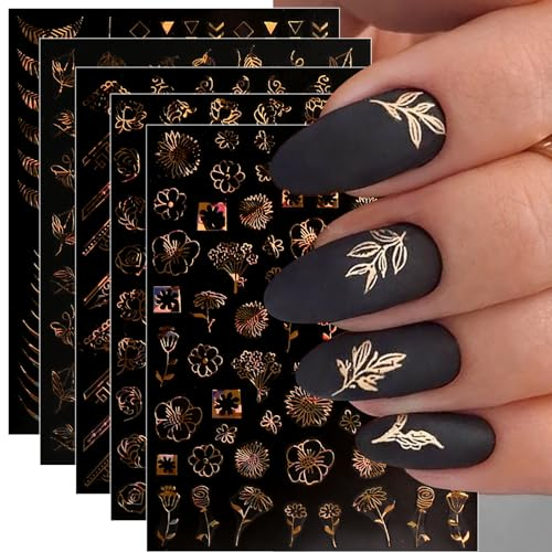 JMEOWIO Nagelsticker Frühling Blume 12 Blatt Nail Art Sticker Selbstklebend Nagelaufkleber Sommer Blumen Gold Dekoration Nageldesign Zubehör