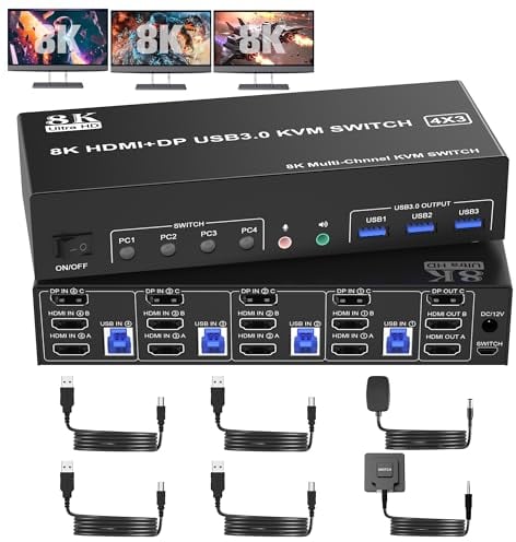 8K@60Hz Displayport +2 HDMI USB 3.0 KVM Switch 3 Monitore 4 Computer, DP 1.4 + HDMI 2.1 4 Port KVM Switch Triple Monitor mit Audio-Mikrofon-Ausgang und 3 USB3.0, Monitor Tastatur Maus Switch