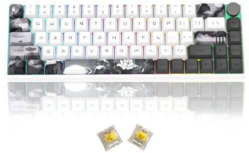 MOLGRIA GK68 68-Key RGB Backlit Gaming Keyboard with Ink Lotus Keycaps, Hot Swappable Yellow Mechinery Gateron Switches, Triple Mode Connection with Knob Mechanical Keyboard for Win/Mac OS