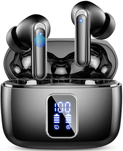Wireless Earbuds, Wireless Headphones Bluetooth 5.3 Earphones, 48H Playtime HD Stereo In Ear buds, 4 ENC Noise Cancelling Mic Wireless Earphones, LED Display, IP7 Waterproof, Mini Ultra Light, Black