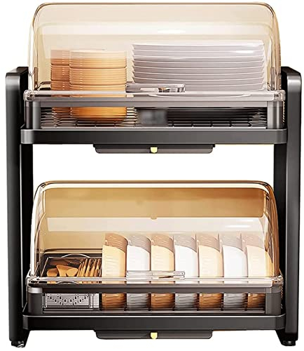 PINZHEN Rejilla para Platos Completamente Cerrada, Soporte para Utensilios de Metal, escurridor de 2 Niveles, escurridor de Platos con Bandeja de Goteo extraíble y Cubierta abatible
