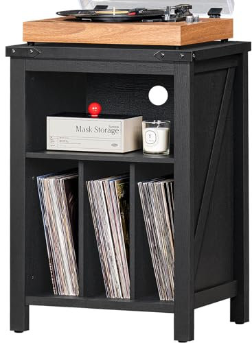Joaxswe Soporte para tocadiscos con almacenamiento de discos de vinilo, mesa de tocadiscos negra con capacidad para hasta 160 álbumes, soporte giratorio de madera grande para sala de estar,