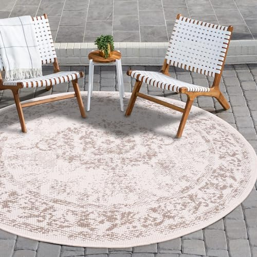 payé In- & Outdoor-Teppich - Creme Beige - 120x120cm Rund - Ornamente - Wendeteppich Wetterbeständig für Balkon Terrasse - Indoor Teppiche Wohnzimmer Küche