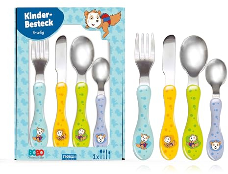 Trötsch Kinderbesteck - 4-teilig mit Namensgravur - Silber, Edelstahl, Rostbeständig, Lässig, Spülmaschinenfest, 1 Set, 4 Teile