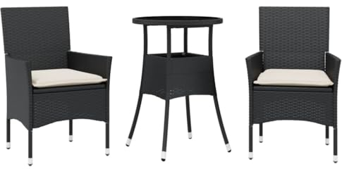 vidaXL Garten Essgruppe 3-TLG., Gartenmöbel Set mit Kissen, Gartengarnitur Tisch 2 Stühle, Lounge Sitzgruppe Sitzgarnitur, Schwarz Poly Rattan Glas