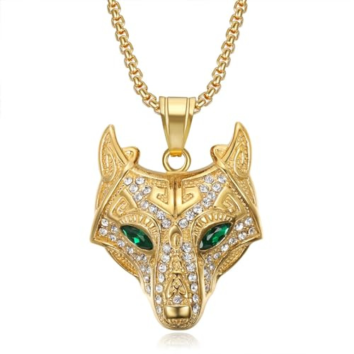 GZHENGZG Herren Halsketten und Damenschmuck Wolf Kopf Anhänger für Männer, Tier Halskette, Hip Hop Iced Out, Nordic Talisman Schmuck, goldene Farbe, Herren Anhänger Geschenk