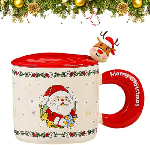 PLUSHCEWT Taza de café de Navidad, Taza de Té de Cerámica, Taza de Navidad linda con Tapa y Cuchara, 400ml (A)