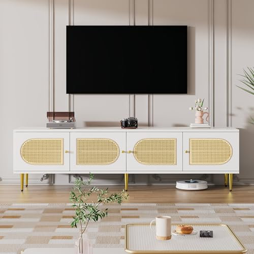 BTM Meuble TV en Rotin, Meuble TV Blanc et Bois avec 4 Portes, Banc TV avec Étagère Réglable et 4 Trous pour la Gestion des Câbles, Meuble Télé 180 cm pour des TV de 80 Pouces, 180x40x50 cm, Blanc