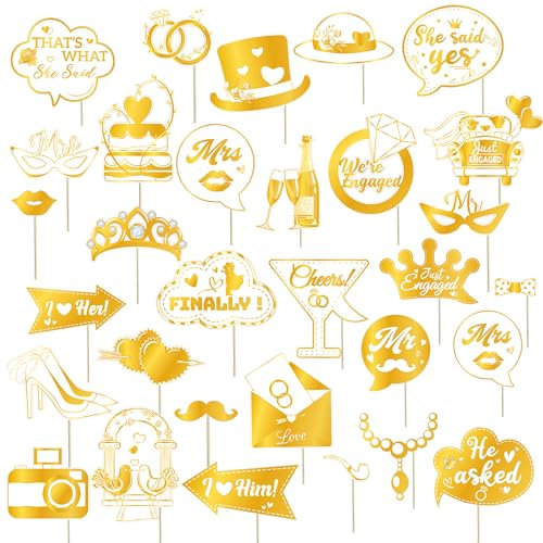 Engagement Party Photo Booth Props - 31 Pieces Gold Hen Party Decorations Fun Selfie Props Wine Hat Mask Diamond Ring for Adults Bridal Shower Wedding Photobooth Decoration