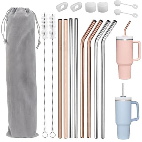 Rierousy Lot de 8 pailles en acier inoxydable de 31 cm de long pour Stanley Adventure Quencher, 30 oz/40 oz, pailles réutilisables, pailles en acier inoxydable avec 2 brosses de nettoyage, or rose
