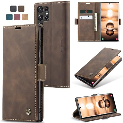 owlhold Handyhülle für Samsung Galaxy S23 Ultra Hülle Premium Lederhülle Weiches Vintage-Nubukleder Faltbare Ständer Schutzhülle Kartenfach Standfunktion klapphülle Samsung S23 Ultra 5G -Kaffee