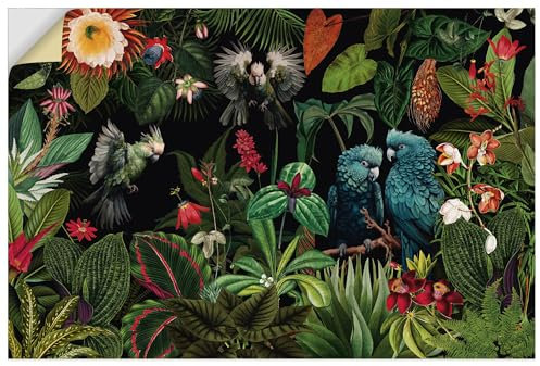 ARTland Wanddeko Wandtattoo selbstklebende Vinylfolie 120x80 cm Tropischer Dschungel exotische Pflanzen Blumen Papagei Vintage U5HD