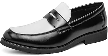 Ninepointninetynine Herren-Slipper mit runder Zehenpartie, veganes Leder, zweifarbig, bequem, widerstandsfähig, rutschfest, für Hochzeit, Outdoor, schwarz / weiß, 42 2/3 EU
