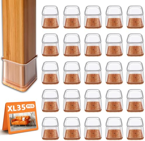 RUSIDO 35 Stück Stuhlbeinkappen Eckig, Klare Stuhlbeinschoner, Stuhlgleiter, Silikon Schutzkappen für Stuhlbeine, Filzgleiter für Holzböden(Für Seitenlänge: 40-55mm), Boden vor Kratzern Schützen
