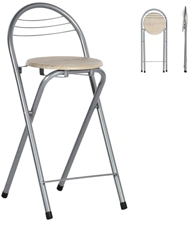 Liink1Ga Sgabello Pieghevole Portatile Bar 1 Pezzo Sedile 61 cm Alto e Schienale Scala Sgabello Pieghevole Pieghevole Sedie Bar per Bar Outdoor Outdoor Campeggio Giardino, Rovere e Argento