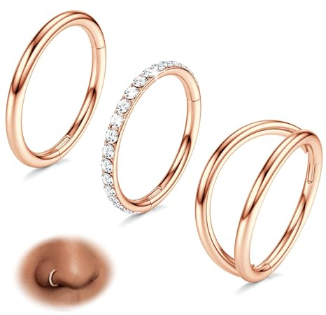 3Pcs 316L Stainless Steel 16/18/20G CZ Hinged Double Nose Ring Hoop | Septum Clicker Rings for Conch Helix Rook Cartilage Lip Piercing Jewellery, Inner Diameter 7/8/9/10mm