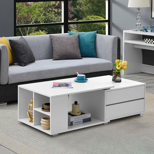 ZBAOLTO Holz Couchtisch mit LED-Lichtern, Couchtisch mit Stauraum, 4 Schubladen, großes Aufbewahrungsregal Holzsofa, Moderner Holztisch, Wohnzimmer Kaffeetisch Weißer Ausziehbarer