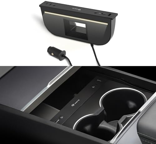 TPARTS Muti-Ports USB Hub for Tesla Model Y Juniper/Model 3 Highland/YL | 60W Hidden USB Charging Hub with Retractable Cable,4 IN 1 Center Console Charger Hub Built in LED Light Interior Accessories