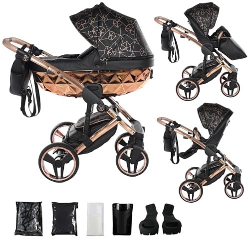 Junama Kinderwagen Diamond Heart 2in1 3in1 4in1 (02 - Schwarz und Kupfer, 2in1 mit Adaptern)
