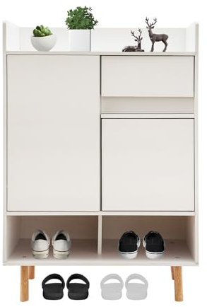 Zapatero de madera blanco con 1 cajón y 2 puertas, zapatero, zapatero, zapatero para salón, 60 x 32 x 90 cm (color madera cerezo)