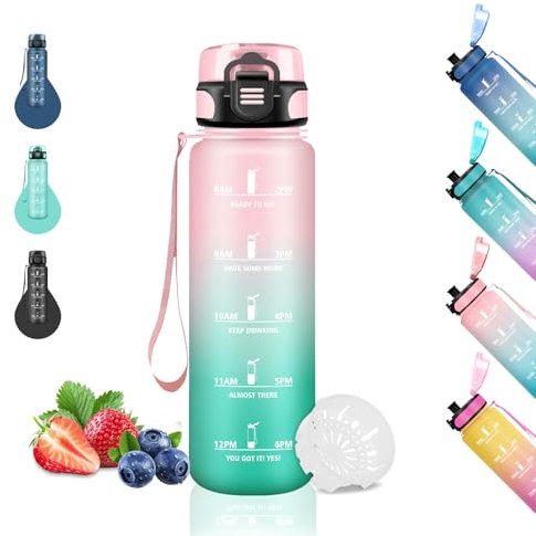 Gourde Enfant, Gourde 500ml, Gourde Graduée pour 1 Journee, Facile à Nettoyer, Gourde Graduée, Gourde Anti Fuite, Gourde Motivation pour Filles, pour l'École, Bureau, Velo, Voyage, Camping, Rose-Vert