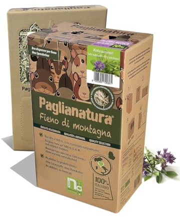 Paglianatura Dispenser Fieno Naturale Montagna 600gr + Alfalfa | Porta Fieno per Conigli, Roditori e Piccoli Animali| Pratico e Igienico (1 pezzo)