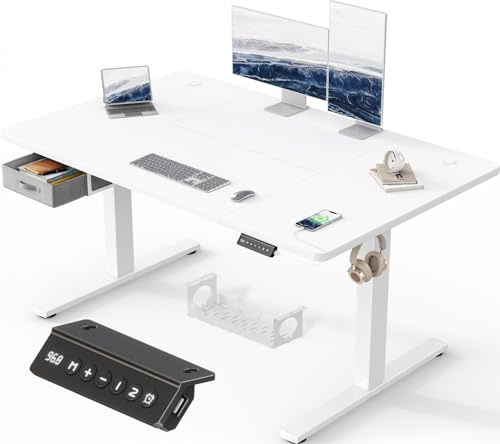 Devoko Bureau Assis Debout électrique réglable en Hauteur 140 x 80 cm avec tiroirs, Port de Charge USB-A d'ordinateur avec Plateau de Gestion des câbles sur Pied avec 3 Fonctions mémoire Blanc