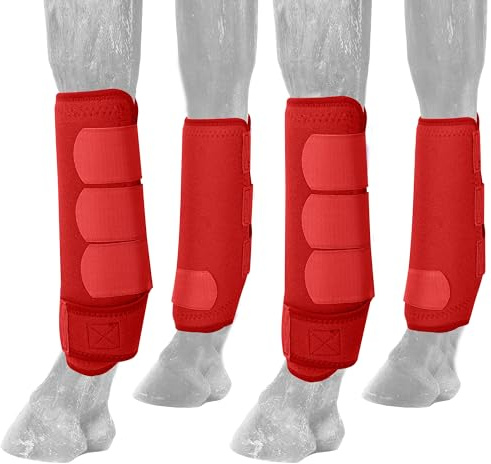 AccompMe Pferdestiefel Schienenstiefel für Pferde, 4 Stück, Schutzstiefel für die unteren Gliedmaßen, Bürsten, Hufstiefel, wiederverwendbar, Vorderbeinschutz, Schutzausrüstung (rot, mittel)