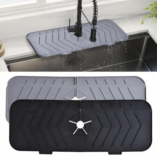 2PCS Faucet Mat & Sink Splash Guard, Silicone 37x14cm Grey and Black | 2PCS Faucet Mats,Silicone, Water Catching Drainer, 37x14cm, Grey, for Kitchen Sink & Bathroom Tap