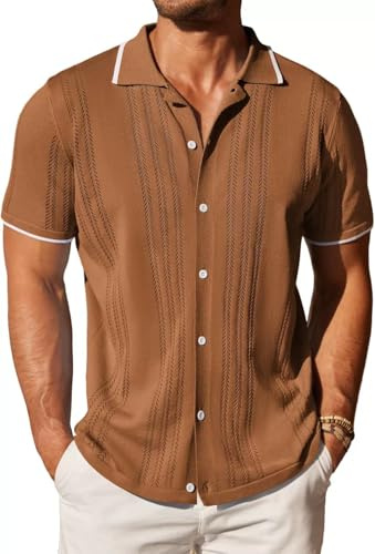 Maglieria Uomo Casual Top in Maglia Gioventù Classico retrò Moda T-Shirt Sottile Morbido Traspirante Manica Corta B-Light Brown XXL