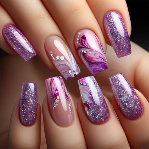 Nymora Künstliche Nägel Set - 24 Stück Lange Quadratische Nägel Acryl Farbverlauf Lila Blumen Design. Künstliche Fingernägel, Kunstnägel zum Aufkleben