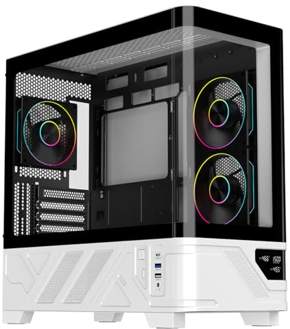 PC Gaming Case ATX, Micro ATX Tower Case With 3x 120mm ARGB Fans, Active MB Sync, Tempered Glass Panels, Front LED System Temp Display (white)