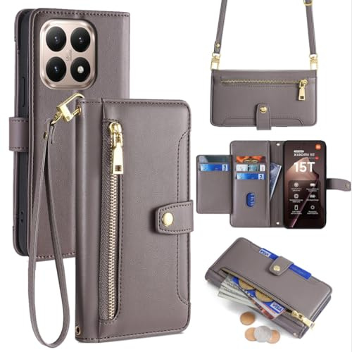 betterfon Handykette kompatibel mit Xiaomi 15T | Leder Handyhülle mit Kartenfächern | Handyhülle zum Umhängen | Grau